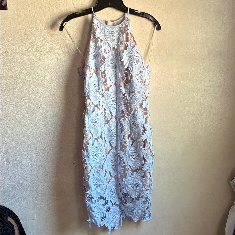 KEEPSAKE the Label Backless Lace Dress in Light Blue